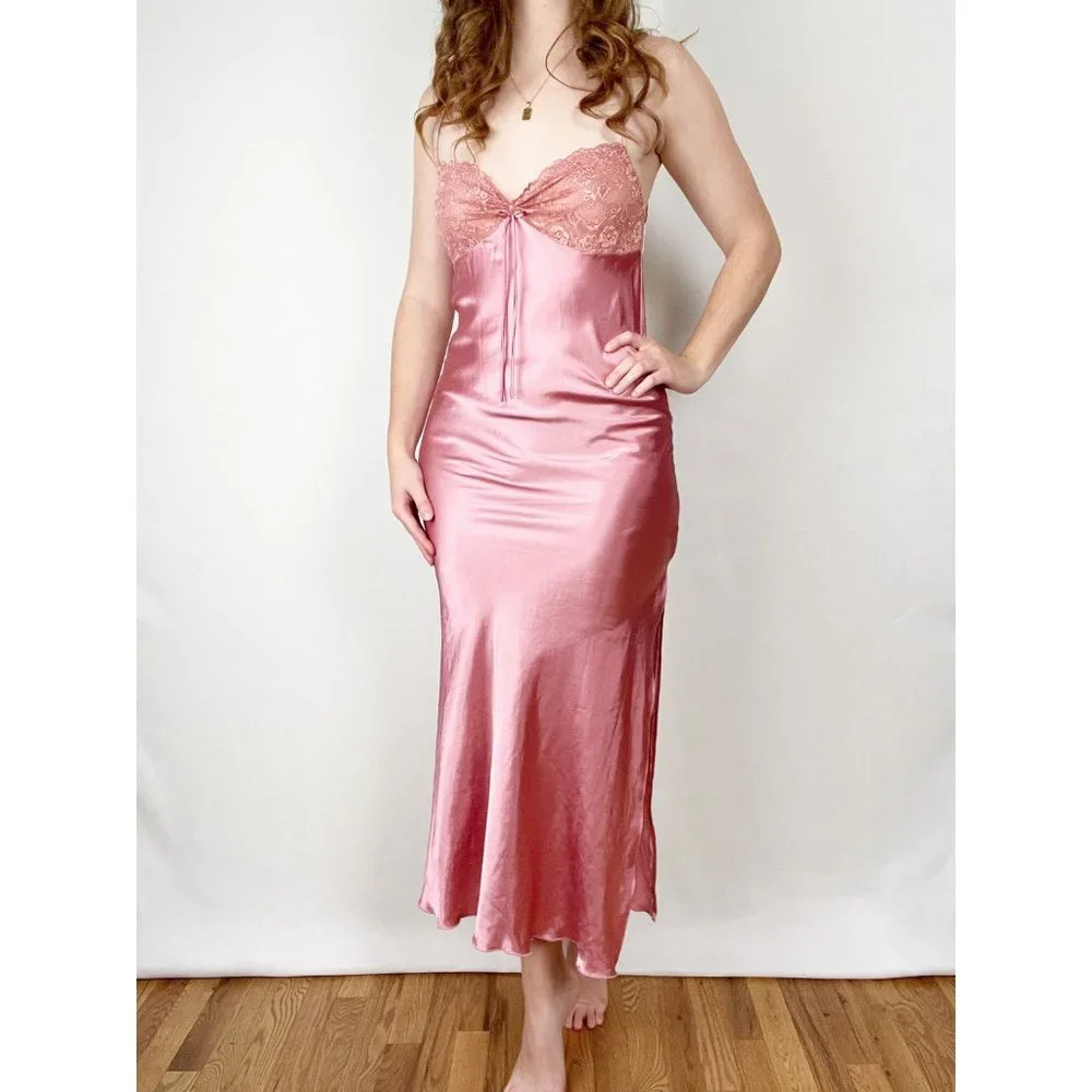 Vintage Slip Dress Lace Silky Sexy Low Open Back Slits Midi Maxi Chemise Barbie - Picture 5 of 5